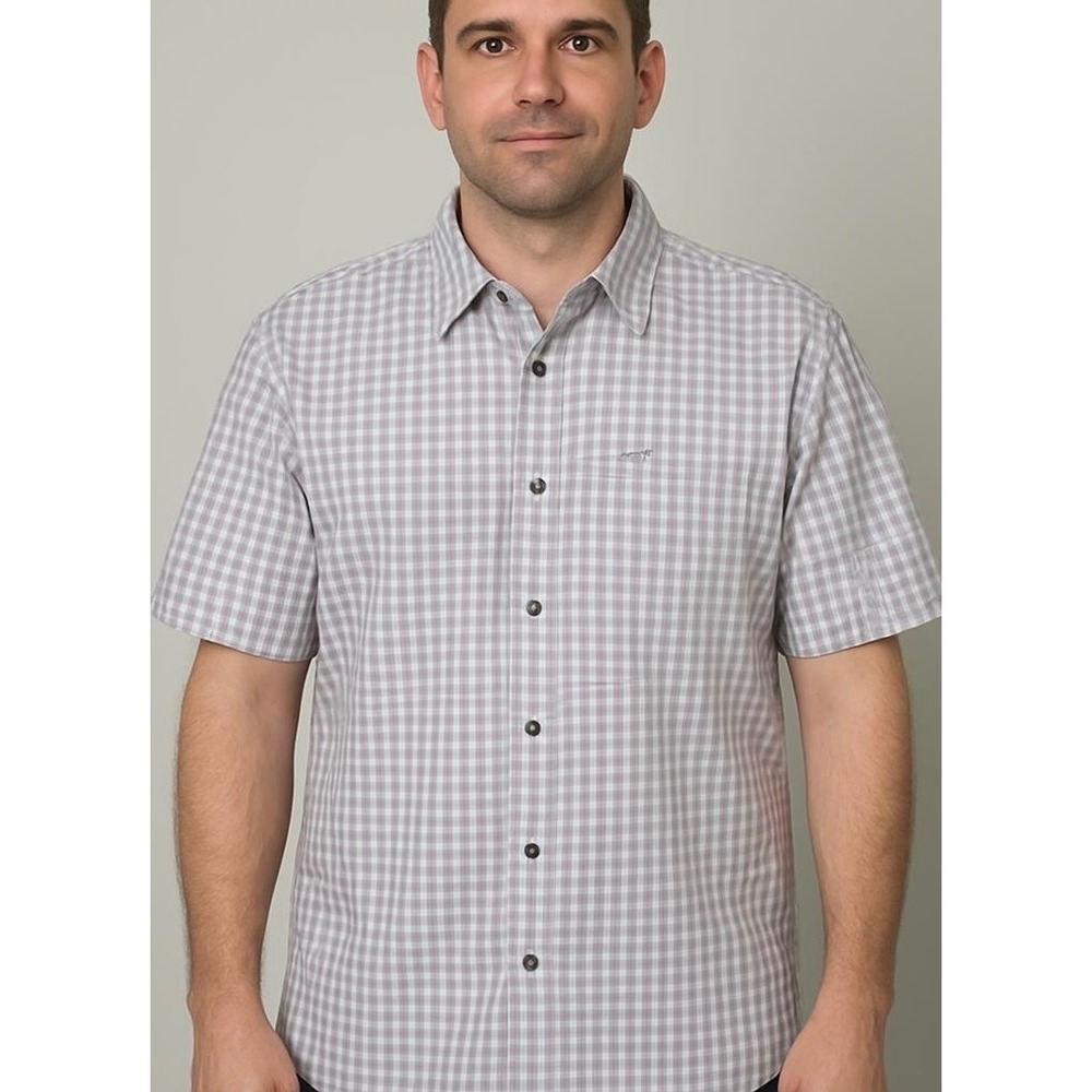Columbia Mens Large‎ Plaid Short Sleeve Button Up Shirt Tan Navy Modal AM7522